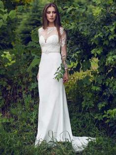 Scoop Neck Trumpet/Mermaid Sweep Train Lace Chiffon Tulle Beading Wedding Dresses