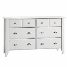 The Shoal Creek 6 Drawer Double Dresser is a lovely addition to your nursery collection This Double Dresser is large and sturdy and provides lots of storage Includes 6 large drawers with metal runners and safety stops Drawers feature patented T-lock assembly system Dresser is constructed from medium density fiberboard and particle board with laminate CARB Compliant Accented with solid wood detailing Carton Dimensions: 6 1/8" H x 19" L x 59 1/8" W, Weight: 142 pounds Setup Dimensions: 33" H X 18 3/8" L x 54 5/8" W, Weight: 136 pounds Quick and easy assembly Instructions and hardware included 5 year warranty for defects in materials Matte White finish Made for Child Craft by Sauder Woodworking, Inc. Matte White Finish Made of MDF & Particle Board with Laminate Part of The Shoal Creek Collection Requires some assembly Overall Dimensions: 54.63"(L) x 18.375"(W) x 33"(H)Item Weight: 136 lbs.
