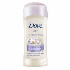 Dove gosleeveless Antiperspirant & Deodorant, Soothing Chamomile, 2.6 New! gosleeveless in Just 5 Days 2 2 1/4 Moisturizers with Vitamins E F 1 24 Hr Odor Wetness Protection 4 Superior Care for Underarm Skin 3 Stays on Skin, Not on Clothes New Dove gosleeveless offers all of these benefits and more! gosleeveless Soothing Chamomile br Take the 5 day challenge. Dove gosleeveless is the only anti-perspirant with unique 1/4 moisturizers with vitamins E and F plus the soothing touch of chamomile. Formulated to go beyond 24 hour protection, it is clinically proven to help soothe underarm shaving irritation, leaving your underarms softer, smoother, and ready to reveal in just 5 days. 1-800-761-DOVE