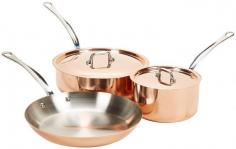 The Mauviel M'heritage 5 piece copper cookware set with wooden crate makes a perfect gift for any home or professional chef. It includes a sauce pan and saute pan with matching lids as well as a fry pan. This copper cookware from Mauviel is fast heating and cooling because the pans are 90% copper. They also have stainless steel handles and cooking surfaces so the handles stay cool and the cooking surfaces don't react with food. Mauviel cookware is made in France since 1830 and comes with a lifetime warranty.