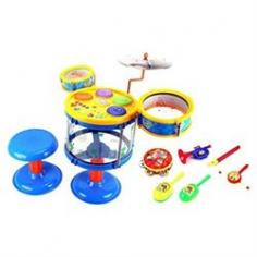 Deluxe Jazz Band Kid's Children's Toy Drum Percussion Musical Instrument Playset-4 Kinds of Drum Sound Buttons, Plays 3 Drum Melodies, 3 Guitar Melodies, 2 Musical Chords-Comes w/ 2 Drums, Cymbal, Toy Tambourine, Maracas, Trumpet, Flute, Rattle Drum, and Stool-Large Drum Can Be Used as Storage for Instruments! 2 Different Volume Settings, Stop Button Stops All Functions-Requires 3 AA Batteries to run (not included), Easy to Assemble! Approx. Assembled Dimensions: 14 Long x 22 Wide x 22 Tall, Stool Dimensions: 8 x 8 x 7.5