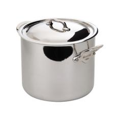 Soup & Stock Pots - The 10.5-Qt Mauviel M'cook Stainless-Steel Stockpot with Lid cooks pastas, seafood, soups and corn on the cob with fast uniform heat and is 50% more efficient than cookware with a sandwich or encapsulated base. With 5 layers of aluminum and stainless-steel, the induction-ready M'cook stockpot is a generous 2.6mm thick with a polished, 18/10 stainless-steel exterior. The nonreactive, brushed 18/10 stainless-steel interior preserves food flavor and nutrients. Crafted in France and fully PFOA- and PTFE-free, the stainless-steel stockpot's flared, non-drip edge makes pouring liquids easy and mess-free. Snug-fit 18/10 stainless-steel lid seals in nutrients and moisture. Stay-cool oversized riveted handles ensure a safe, secure grip. The Mauviel stockpot is suited for all cooktops including induction, gas, electric, ceramic, glass and halogen. Oven-safe to 680 F and broiler-safe. In 1830 Ernest Mauviel founded his Mauviel manufacturing company in Villedieu-les-Poeles, France's "city of - Specifications Made in France Material: polished 18/10 stainless-steel exterior; brushed stainless-steel interior; aluminum and aluminum alloy inner layers; cast 18/10 stainless-steel handle Model: 5232.25 Capacity: 10.5 qt. 9 1/2" Dia. (14"L w/handle) x 8"H (9" w/handle) Base: 8" Dia. Weight: 6 lb. 10 oz. Use and Care M'cook pans are dishwasher-safe but hand washing is recommended to better protect the finish. Use with nonmetal utensils. The Mauviel cookware is oven-safe to 680 F and safe for broiler use.