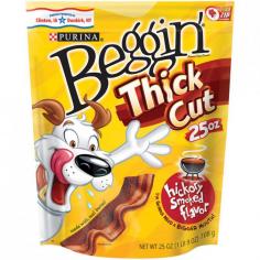 Why do dogs go crazy for Beggin'(r) Thick Cut? The phenomenon can best be explained using dog logic. Dogs love the taste of bacon-that's why they love Beggin' Strips(r). (stay with me) SO, if bacon flavor is good, then thicker, bigger, bolder bacony flavor is even better. Let your dog sink his teeth into some! Feed as a treat to your adult dog. This product is a treat and is not intended to be fed as a meal. Feed 1 treat for each 10 pounds of body weight daily, not to exceed 5 treats per day. The caloric intake from treats should not exceed 10% of a dog's total daily caloric requirement. If treats are given, the amount of food should be reduced accordingly. Monitor your dog to ensure treat is adequately chewed prior to swallowing. Break into small pieces for adult small/toy breed dogs. Provide adequate fresh water in a clean container daily. For your pet's health, see your veterinarian regularly. Supervision is recommended when giving your dog any treat. Always provide plenty of fresh water. Wash your hands after handling pet food or pet treats or touching an animal, animal feed, or animal waste.
