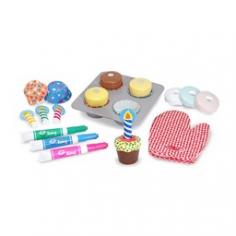 Wooden cupcake baking set Includes oven mitt and dry-erase markers Candles tray wrappers and toppings for 4 cupcakes Dimensions: 13.5L x 10.5W x 3H inches For ages 3-8 years. You can't help but giggle playing with the Melissa and Doug Bake & Decorate Cupcake Set. Don't forget to use the included oven mitt! Four delectable wooden cupcakes pop out of the baking tray complete with wrappers and toppings. This special set has 3 dry erase markers shaped like icing tubes to decorate the smooth wipe-off cupcake tops. Festive wooden candles top it off. Recommended for creative kids aged 3-8 years. Play set includes everything but the calories. About Melissa & Doug ToysSince 1988 Melissa & Doug have grown into a beloved children's product company. They're known for their quality educational toys and items and have grown in double digits annually. The Melissa & Doug company has been named Vendor of the Year by such great retailers as FAO Schwarz Toys R Us and Learning Express and their toys have been honored as Toys of the Year by Child Magazine FamilyFun Magazine and Parenting Magazine. Melissa & Doug - caring quality children's products.