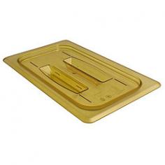 Cambro high-heat pan cover withstands temperatures ranging from -40 degrees to 375 degrees Fahrenheit. Fourth size pan lid is perfect for microwave flash freezing cooking and reconstitution. Amber high-heat cover with handle is ideal for use in microwaves. Both standard and gradation markings. Non-stick smooth interior surface is easy to clean.
