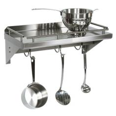 Size: 36 in. x 12 in. w 4 hooks; Pot and utensils are not included. Food service grade 300 series 18/8 stainless. Galley rail. Polished welded joints. Stainless pot rack bar with adjustable hooks. 24 in. W x 12 in. D (20 lbs.). 36 in. W x 12 in. D (22 lbs.). 48 in. W x 12 in. D (28 lbs.)Free up your kitchen cabinet space with the addition of this great-looking and practical stainless steel wall shelf with pot rack bar. Even your largest cooking vessels can be easily stored with ease. Stainless Steel Warranty Care Free up your kitchen cabinet space with the addition of this great-looking and practical stainless steel wall shelf with pot rack bar. Even your largest cooking vessels can be easily stored with ease.