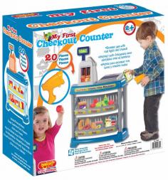 Young children can pretend they're grownups at the grocery store as they interact with this detailed playset. Kids can push a tiny shopping cart around the room, pausing to pick up the toy foods included with the set, such as vegetables and breads. When they're ready to check out, kids can walk up to the counter and put their groceries beneath a scanner, which beeps and lights up. Children can also restock the grocery store shelves by matching foods with the right labels, such as fruits, bakery, and secret to eternal youth. My First Checkout Counter Features: Detailed Features Includes toy foods kids can pick up and put in their shopping cart Real lights and sounds as kids scan their items at check out