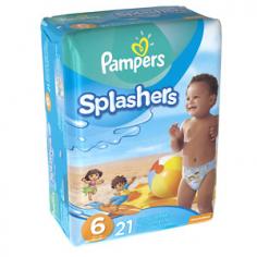 Pampers Splashers Diapers - Size 3-4 - 24 ct NOTE: Packaging may vary. Perfect for pool time or the beach! Your little baby can splash happy without you having to worry about a soggy diaper. Pampers Splashers Swim Pants are specially designed for pool or water time. They provide protection against leaks in the water but won't swell like regular diapers. Their tear away sides make it easier for you to change them, and they're also super stretchy to provide a snug fit in the water. Plus the double leg cuffs provide protection from leaks. These diapers are ideal for the beach or pool time. Pampers Splashers Swim Pants come in sizes 3-4, 5, and 6. Features: Won't swell up in water Tear away sides Dora and Diego designs are great for boys and girls Available in sizes 3-4, 5, and 6 Earn Pampers Rewards points with every Pampers purchase Caution: Keep away from any source of flame. pampers diapers, like almost any article of clothing, will burn if exposed to flame. To avoid risk of choking on plastic, padding, or other materials, do not allow your child to tear the diaper, or handle any loose pieces of the diaper. discard any torn or unsealed diaper, or any loose pieces of the diaper. To avoid suffocation, keep all plastic bags away from babies and children. If you notice gel-like material on your baby's skin, don't be alarmed. This comes from the diaper padding and can be easily removed by wiping your baby's skin with a soft, dry cloth.