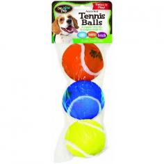 Dog toy tennis balls in random colors. Comes in a pack of 3 balls. Colorful balls to attract your dogs attention. A classic dog toy to inspire dogs to run, jump and fetch.