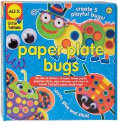 ALEX TOYS-Little Hands Paper Plate Bugs. Create crafty crawlers: just layer; glue and stick! There are thousands of possibilities in this one little box! This kit contains colored paper plates; 150 stickers and pre-cut shapes; chenille sticks; pom poms; fringed and crinkled paper; popsicle sticks; buttons; googly eyes; tissue paper; glue stick (1.4oz/40g) and easy to follow instructions. Contents conform to ASTM D4236 & F963. Recommended for children ages 7 and up. WARNING: Choking Hazard-small parts. Not for children under 3 years. Imported.