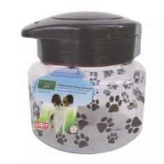 * Dog treat jar * Screened gray dog paws on container with matching lid * Air tight and water proof when closed * Cleans up easily Wide mouth treat jar is screened with dog paws that match the dark gray lid. Air tight lid keeps food and treats fresh. Wide mouth makes it easy to reach in and grab a treat. Can be used to store treats or kibble.