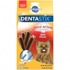 Pedigree Dentastix Daily Oral Care Treats for Toy/Mini Dogs, Beef Flavor: Good-tasting Clinically proven to reduce up to 80% of tartar build-up Reduces plaque build-up Patented X-shape design Helps clean down to the gum line Mini dog treats are made for adult dogs only