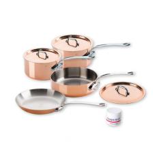 This Mauviel M'heritage 150s set includes seven kitchen essentials: 1.9-qt. saucepan with lid, 3.6-qt. saucepan with lid, 3 &frac14;"-qt. saute pan with lid, frying pan and Copperbrill cleaner to keep your set looking brand new. Manufacturer: MauvielMaterial: Copper and stainless steel Care: Hand wash (see special-care instructions below)Use: Oven safe to 500&deg;FWarranty: Lifetime warranty Handmade in FranceFEATURES: Chefs around the world use Mauviel cookware for its world-class French craftsmanshipM'heritage features handmade-heirloom quality, and is guaranteed for life against manufacturing defects Designed for people who love to cook, this is the finest cookware we've ever tested Mauviel features a combination of two powerful traditional cooking materials: copper (90%) and 18/10 stainless steel (10%)The 1&frac12;mm-thick copper exterior provides exceptional heat conductivity and control Stainless-steel lining is non-reactive and preserves the flavor and nutrients of food Tight-fitting lid seals in moisture and keeps food warm till you're ready to serve Ergonomic stay-cool stainless steel handle is permanently riveted for a lifetime of use Use in the oven and on gas, electric and halogen stovetops Induction stovetop interface disc sold separately Special-Care Instructions: Copper is an exceptional material for kitchen use. Maintained properly, your copper cookware will last for generations. Before first use and after each use, carefully wash with hot soapy water then rinse and dry. Over time, copper can change color through use; however, this will not change the conductivity of the copper material. Never clean with bleach. This can lead to irreparable damage. If food sticks to the inside, soak it with hot soapy water. To restore the shiny copper surface to your Mauviel pots and pans, use Mauviel Copperbrill Copper Polish. Web only.