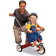 Dimensions: 25.5L x 21.5W x 21.25H inches. Removeable push handle for parents to assist young children. Push handle is adjustable and removable. Durable spoked wheels with real rubber tires. Controlled turning radius for stability. Adjustable seat. Ages 2 years to 4 years. About this Radio Flyer Tricycle The Radio Flyer Classic Tricycle with Push Handle- 10-Inch makes it easy for parents and other adults to put children on the right track. The back-friendly push handle is removable and will adjust to three different lengths. Other features include: Durable spoked wheels with real rubber tires a 10-inch front wheel and a controlled turning radius for stability. The seat adjusts for growing children. For children ages 2 to 4. The Radio Flyer Classic Red Tricycle with Push Handle- 10-Inch is a Dr. Toy's Best Classic Toys Winner and brings comfortable fun to you and your family. You won't be disappointed if you choose the Radio Flyer Classic tricycle in red for your preschooler. This stylish trike features a 10-inch adjustable and removable push handle at the rear together with hardy spoked wheels featuring real rubber tires and a controlled turning radius for additional stability. An additional feature of the trike is the comfortable adjustable seat. The tricycle is one of Dr. Toy's Best Classic Toys Winners and your kid will be overjoyed to receive this bright and sturdy first bicycle.