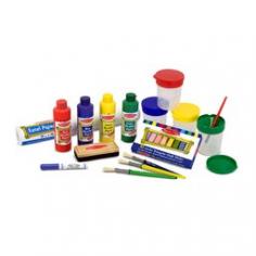 Everything your young artist needs when inspiration strikes! Set includes: Four eight ounce bottles of vibrant poster paint (R/B/Y/G), four spill-proof paint cups, four medium sized brushes, a roll of easel paper, a 10-pack of jumbo rainbow chalk, an eraser, AND a dry erase marker. Share hours of fun with your child! Order the Melissa & Doug Toys - Easel Accessory Set today, from Brookstone. Dimensions: 10.5" x 5" x 19" For ages 3 and up. Warning: This product contains small parts which may pose a choking hazard to children. (Conforms to ASTM D-4236).