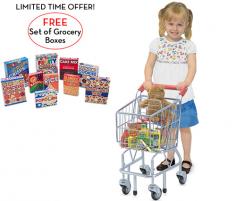 Fun on aisle five! With sturdy metal construction and pivoting front wheels, this kid-size shopping cart is easy to maneuver, fun to fill and built to last. BONUS: FREE Let's Play House! Grocery Boxes! Keep the pantry stocked with fun! This colorful set of play food boxes makes an engaging pretend-play experience on its own, or perfectly complements a kitchen- or grocery store-themed play area. Ten play-food boxes of pretend cereal, snacks and sweets assemble easily (in three simple folds!) to create a whole pantry-full of realistic food boxes. Perfect for open-ended creative play, the set also includes play ideas to encourage learning and keep imaginations "cooking."Items shown inside grocery cart are not included.
