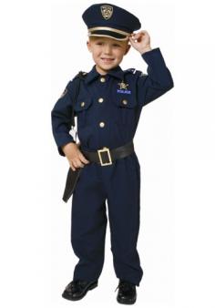 Boys and girls can pretend they are the heavy hand of the law in our deluxe Police Officer Child Costume. The entire neighborhood will be on their best behavior with such an official looking policeman in the area! Our deluxe Police Officer Child Costume includes a navy blue jacket, pants with an elastic waist, peaked hat with gold trim and embroidered police patch, black belt with gold buckle and gun holster and whistle. The extremely realistic looking jacket features an embroidered police patch and 'POLICE' print over chest, printed letters 'POLICE' on the back, embroidered police patch on both shoulders, real shirt pockets and real working gold buttons. Kids can enjoy a classic game of cops and robbers during dress-up play in our deluxe Police Officer Child Costume. Toy gun, shoes not included.