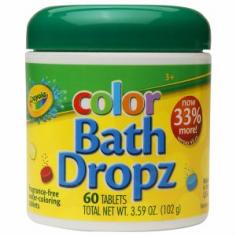 Features 3+. Up to 45 colorful baths - blue yellow & red Fragrance-free water-coloring tablets Nontoxic This product should wash off easily from most newer nonporous bath surfaces Test on small area before using product and follow directions Ingredients Sodium Carbonate Sodium Bicarbonate Citric Acid Lactose Polyethylene Glycol Mineral Oil. May Contain: Blue 1 Yellow 5 Red 33. Directions Drop one or more tablets of Crayola Color Batch Dropz into tub filled with water of desired temperature. Combine colored tablets to create cool new secondary colors&#33; Color Bath Dropz tablets appear darker in color when dry. Colors shown on package reflect the colors of the product in use. when choosing a dry Color Bath Dropz tablet use the following guide: purple &#61; red orange &#61; yellow. Warnings Adult supervision is recommended. Intended for bath use only. Products may stain certain porous surfaces such as unsealed tile and grout. Test on a small area before using in your tub and bath areas. Avoid contact with certain surfaces and materials such as wood wallpaper painted surfaces vinyl carpeting and other materials that cannot be washed or laundered. When used as directed this product should not stain towels linens or textile products after immediate and adequate washing/laundering. Wash any color residue from skin with clean soapy water. Moist hands could activate tablets. Product Safety Information: Tablets are not a food product. Do not eat. Do not apply around eyes. Contains lactose. Keep out of reach of children except under adult supervision. Please keep this package as clear legal proof of the origin of the product and retain for future reference. Product specifications subject to change. Features Pack of 12