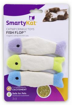 WORLDWISE-SmartyKat: FishFlop Catnip Crinkle Toys. This is floppy fishy fun! Cats will love the crinkle sounds. This package contains three catnip toys packed with catnip. SmartyKat products are principally made from recycled; reclaimed; renewable and certified organic materials. Imported.