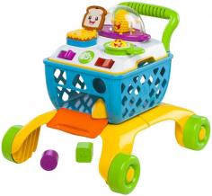 This grow-with-me activity toy gives baby endless hours of playtime fun with a shopping cart just like mum and dad use. The 4-in-1 Shop 'n Cook Walker from Bright Starts Giggling Gourmet Collection entertains baby with 4 different ways to play. 4 stages of play: the cook top is removable for sit and play; the cart legs lock in place so the cook top becomes a stationary activity table; when baby begins to toddle, the sturdy legs are perfect for first steps. When baby begins to toddle the popcorn pops as baby pushes the cart along! As baby grows, just remove the cook top to reveal a shopping cart that they can load up- just like the carts at the grocery store! The cook top offers lots of developmental activities including cooking sounds that sizzle and popcorn that pops! Slide the lever and the silly sandwich pops up. Push the light up button for sizzling sounds or spin the egg roller. Includes 3 shapes for shape sorting fun. Size H43.18, W39.37, D48.26cm. Weight 676g. Batteries required: 3 x AA (not included) plus. For ages 6 months and over. EAN: 0074451521308. WARNING(S): Only for domestic use. To be used under the direct supervision of an adult.