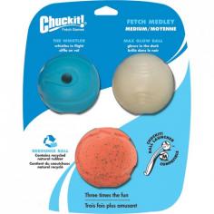 Chuckit! Fetch Medley Ball Set Dog ToysReady, set, fetch! Give your dog something to jump for. Your dog will love this grippable rubber ball set made just the right size to use with your Chuckit! Ball Launcher, sold separately. Fetch Medley set includes three of our favorite balls: the Chuckit! Whistler Ball, Chuckit! Max Glow Rubber Ball & Chuckit! Rebounce Ball or Chuckit! Erratic Rubber BallChuckit! Whistler Ball is a high bouncing rubber ball that has four holes in it that produce a whistle as air passes through. Chuckit! Max Glow Rubber Ball is a durable rubber ball that glows in the dark to allow the game to keep going when the sun goes down. No batteries needed. The Chuckit! Max Glow Rubber Ball charges quickly under any bright light. Chuckit! Rebounce Ball has an environmentally friendly design that utilizes recycled natural rubber, and the Chuckit! Erratic Ball never bounces the same way twice!