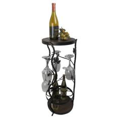 XQF1067: Features: -Holds seven bottles and six wine stems. -Plank wood top. -Wine bottles not included. -Sturdy iron construction. Product Type: -Wine bottle rack/Wine glass rack. Finish: -Black. Material: -Metal. Number of Items Included: -1. Hardware Material: -Metal. Mount Type: -Floor. Wine Bottle Capacity: -7. Dimensions: Overall Height - Top to Bottom: -32 Inches. Overall Width - Side to Side: -13 Inches. Overall Depth - Front to Back: -13 Inches. Overall Product Weight: -16 Pounds.
