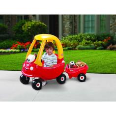 Childhood staple gets accessories for the long haul. Removable back handle for parent-pushed riding. Detachable trailer for toys and little brothers. High back seat cup holders and working gas cap. Weight capacity: 50 lbs. The Little Tikes Cozy Coupe 30th Anniversary Riding Toy finally has an accessory to let your little one bring more participants along for the ride. An included trailer hitch will let you attach the Cozy Coupe trailer and take their stuffed animals or little sister out on the open road. The solid plastic construction and caster wheels are what you want to see before your little one jumps in but they're going to be excited about the working horn removable gas cap and opening doors. For a bit of added versatility this car also features a removable floor and rear-mounted push-handle for parent-driven fun. When your child has reached that scenic rest stop they can try the open-and-close gas cap and make sure use of the cup holders. Wherever they roll the rugged front tires will rotate 360-degrees to prevent rolling. Thirty years of fun means that you know your kids will enjoy it. This car has a recommended weight limit of 50 lbs. About Little TikesFounded in 1970 the Little Tikes Company is a multi-national manufacturer and marketer of high-quality innovative children's products. They manufacture a wide variety of product categories for young children including infant toys popular sports play trucks ride-on toys sandboxes activity gyms and climbers slides pre-school development role-play toys creative arts and juvenile furniture. Their products are known for providing durable imaginative and active fun. In November of 2006 Little Tikes became a part of MGA Entertainment. MGA Entertainment is a leader in the revolution of family entertainment. Little Tikes services the United States from its headquarters and manufacturing facility in Hudson Ohio but also operates several manufacturing and distribution centers in Europe and Asia.