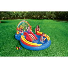 Inflatable Water Play Center Turns Your Yard into a Wet Wonderland Get ready for hours of summer fun with the Rainbow Ring inflatable water play center. This wet wonderland is more than just a pool, as it includes an entire waterpark of activities in one inflatable toy! The play center has a water slide, water sprayer, wading pool, ring toss game, and ball roller game all in one wet and wild package! The inflatable water play center is fun for little ones ages three and up. The deep wading pools allows for 10-inches of water for serious fun and splashing, while the main pool has a comfortable six-inch depth. The water sprayer casts a gentle mist over the slide, which reaches nearly 50 inches in height. The play center holds 65 gallons of water and easily attaches to a garden hose for more wet fun. Your children will enjoy hours of fun in the sun this summer with this inclusive play set.