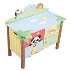 Overall dimensions: 30.63L x 15.5W x 28H in. Handmade from durable wood composite. Hand-painted with friendly wild animals and trees. Safety hinges prevent lid slamming. Child-safe, lead-free paint. Spacious storage inside for toys. Cleans easily with a damp cloth. Designed for ages 4 to 5. Children have adventurous spirits that will make them fall in love with the Fantasy Fields Sunny Safari Toy Box. Your little explorer will have a blast delving into the depths of this box to find his or her favorite toys. But the large storage space means that this chest will also help your child keep her or his room from looking too much like a jungle. The exterior is hand-painted with friendly wild animals, jungle trees, and a smiling sun. This sturdy children's toy box is handmade from durable wood composite for long-lasting quality and stability. The paint used has been tested and verified to be free of lead to ensure your child's safety. Safety hinges make the lid close slowly, which prevents slamming and pinched fingers. Handles on the sides make it easy for adults to move the toy box as needed. About Teamson DesignBased in Edgewoood, New York, Teamson Design Corporation is a wholesale gift and furniture company that specializes in handmade and hand-painted kid-themed furniture collections and occasional home accents. In business since 1997, Teamson continues to inspire homes with creative and colorful furniture. When you've had enough of stepping on overturned cars and the sharp limbs of stray dolls keep things picked up with this kid-approved toy box from Teamson. Four smiling animals peek out from the hand-painted drawers encouraging your child to place toys in the spacious wooden container. Lead-free paint offers peace of mind for parents of biters and nibblers and the dependable safety hinges help prevent the box from slamming down without warning. A damp cloth is all it takes for the remnants of graham crackers and spilled juice to disappear quickly from the sturdy wood composite.