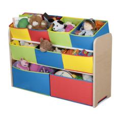 The Delta multicolor deluxe toy organizer comes with 4 regular, 3 double and 2 extra-large bins that provide plenty of space to organize your child's toys, story books, craft supplies and more. It has 3 fixed shelves to conveniently hold all the bins. These bright toy-storage bins add a dash of color to your little one's room. This storage furniture sports an elegant natural finish to complement your child's room décor. Some assembly required. Color: Multicolor. Gender: Unisex.