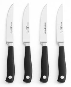 Steak Knives - Meat lovers and even vegetarians will appreciate this ultra-sharp set of steak knives. Sleek blades slice effortlessly through thick cuts of beef, pork, lamb, poultry and fish. Handmade in Germany since 1814, Wusthof cutlery is prized by the world's top chefs for restaurant and home cooking. The Grand Prix II line is precision forged of high-carbon, stain-resistant steel and skillfully honed by hand twice. Ergonomic poly handles ensure a comfortable, slip-resistant grip. Product Features Precision forged from one-piece of high-carbon steel for greater stability and sharpness Skillfully hand-honed twice, stain-steel knives resist rust and stains Laser-controlled knife edges stay sharp longer with a more consistent blade angle Pebble-grained polymer handles offer a smooth, comfortable slip-resistant grip Dishwasher-safe, but hand-washing recommended Made in Germany Limited lifetime warranty - Model: 4048 Blade Length: 4 1/2" Overall Length: 9" Weight: 2 oz. Material: high-carbon stainless-steel; pebble-grained polymer Care Instructions Wusthof knives are dishwasher-safe but hand-washing is recommended. In the dishwasher, your Wusthof knife may bang against other cutlery or pots and pans and knick the blade. Wipe the knife clean with a wet cloth and dishwashing detergent. Dry immediately. Dry from the back of knife to the blade. No metal is completely stain-free. To prevent slight tarnishing, be sure to remove acidic foods (lemon, mustard, ketchup, etc.) from the blade after use. If blade should show some signs of staining, clean with a non-abrasive metal polish. To prevent irreparable blade damage, it is best to store your knife in a knife block or in-drawer knife tray.