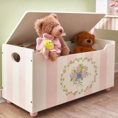 The beautiful Girl's Toy Chest inspires young women to keep their play spaces tidy. The wonderful warm colors invite girls to keep toys in a spacious organizing box. Adorned with the Bonnie Sue doll, flowers, butterflies, and dragonflies, it's one item your daughter is sure to love. The specially designed lid features a convenient space, allowing little hands to firmly grasp and open. Quality woodwork and stable design provide safe interaction for every child. Teach kids early to keep rooms clean with the gorgeous Girl's Toy Chest in the room. Handcrafted and hand painted in wonderful warm colors Features a large storage area Safety hinges ensure door does not close too fast Perfect addition to your little one's room Dimensions: 32.5W x 14.75D x 16.25H in.