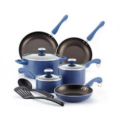 11-piece cookware set Dishwasher-safe aluminum Du Pont Teflon nonstick coating Color-coordinated dual-riveted soft-touch handles Copper-plated hanging rings Oven-safe up to 350 degrees FTempered glass lids. How do you break in a full set of cookwear like the Paula Deen Signature 11 pc. Cookware Set - Blueberry? Do you go easy maybe boil some pasta or heat up some soup? Or you do go for broke and try to use every pan at once with something elaborate like a full Thanksgiving dinner? The best part of this color-coordinated set is that you could probably get away with doing both. Using even-heating bodies of dishwasher-safe aluminum this full set is finished in charming blue with non-stick interiors and see-through glass lids. Each piece is oven-safe up to 350 degrees F and features rugged dual-riveted handles. This set is perfect for anyone just starting out in a new home or someone who needs to ditch their tired old pans and get a quality upgrade. Set Includes: Large stockpot with lid Medium stockpot with lid Small stockpot with lid Large skillet Medium skillet Small skillet Slotted spatula and serving spoon About Paula DeenSouthern cooking queen Paula Deen is known to millions as a popular TV show cooking host on the Food Network as well as a bestselling author. The Georgia native parlayed a home-based meal delivery service into her successful Lady and Sons restaurant in Savannah Ga. In 2008 Deen partnered with Meyer Corporation to launch a line of signature cookware bakeware kitchen tools and accessories which are used by home cooks everywhere.