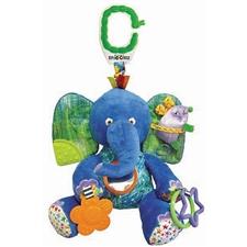 The Very Hungry Caterpillar Developmental Elephant is a wonderful gift. Made from a soft plush material there are so many add on features for baby to experience and learn from. The body of the Developmental Elephant is royal blue in colour. He has big floppy ears that are the royal blue plush on the outside and a green material on the inside. The ears are filled with crinkle paper for the sound and touch effect. The Very Hungry Caterpillar Developmental Elephant has a long truck with a pale pink plush tip. He also has pink plush toes. Attached to his left ear is a squeaky lilac mouse and to his right ear a green teether for baby to chew on. The Developmental Elephant has a mirror on his tummy. He also has ring teethers hanging from his left hand in purple and green and an orange teether handing from his right hand. Our Developmental Elephant has love embroidered eyes. On top of his head is an attachable ring for on the go mums and dads. This enables the Developmental Elephant to be attached to a cot, car chair or buggy. This is a fantastic product to keep baby entertained and to cuddly up to.