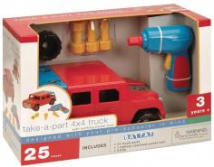 The Take-a-Part 4x4 Truck was designed with your preschooler in mind. It includes big nuts and bolts for easy take-a-part action so kids can make and re-make the truck over and over again. Children can have hours of imaginative play. This set includes 25-pieces which contains 21 truck parts, one (1) battery-operated power tool and 3 bits. Color: Multi Weight: 3.4 pounds Assembly required: Yes Batteries: Yes Battery size: two (2) AA batteries Model: 68025 Materials: Plastic Dimensions: 11.2 inches long x 6.2 inches wide x 5.2 inches high Safety warnings: Choking hazards due to small parts, not for children under three (3) years old