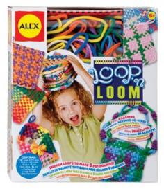 ALEX TOYS-Loop 'n Loom Kit. It's so easy to make purses; coasters; potholders and more using a simple loom and some colorful loops! This kit has enough loops to make five potholders and comes with colorful; easy-to-follow directions for all kinds of projects. This pa ckage contains 180 loops (20 each of 9 colors); one 7-1/2x7-1/2in plastic loom; 34in of yarn; one plastic crochet hook; one large needle; and instruction booklet. Conforms to ASTM F963. Recommended for ages 5 and up. Caution: contains functional sharp point. WARNING: CHOKING HAZARD-Small Parts. Not for children under 3 years. Imported.