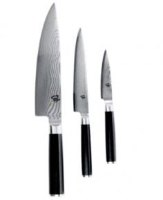 A generous gift for an avid cook, this Shun Classic 3-piece set is perfect for both novices and seasoned gourmets. Youâ ll find the core knives every kitchen needsâ 3Â&frac12;" paring, 6" utility, and 8" chefâ sâ presented in a beautiful storage box. Shun Classicâ s tasteful and contemporary design features beautiful Damascus-clad blades and D-shaped ebony pakkawood handles. Behind each knifeâ s beauty is function: a razor-sharp blade offering precision performance. Shun Classic knives feature a core of proprietary VG-MAX super steel clad on both sides with 34 layers of Damascus stainless steel. The woodgrain pattern of the steel allows the blade to slide easily through food. The result is a knife thatâ s sharp, durable and corrosion resistant, as well as beautiful to behold. NSF-certified knives meets the high-level safety standards for professional kitchens. CLASSIC 3-PIECE SET INCLUDES: 3Â&frac12;" PARING KNIFEIdeal for peeling, coring, trimming, decorating, and other detail work. Generally, youâ ll use this knife in your hand rather than against a cutting board, though paring knives can also be used for chopping small foods, such as garlic cloves. 6" UTILITY KNIFEGreat for a multitude of small tasks where more precise cuts are needed, such as trimming broccoli, green beans, or other smaller vegetables. The utility knife is sometimes called a sandwich knife because it works well on almost everything that goes into a sandwichâ from thin-skinned vegetables such as tomatoes, to meats and cheeses. 8" CHEFâ S KNIFEThis powerful kitchen multi-tasker is perfect for slicing, dicing, and chopping large quantities of fruits, vegetables, meats, and more. The wide blade keeps knuckles off the cutting board and is extra handy when transferring cut food from board to pan. Manufacturer: KAI USA Ltd. Includes: 3Â&frac12;" paring knife, 6" utility knife, 8" chefâ s knife, and presentation/storage box Material: Stainless steel blade, pakkawood handle Care: Hand wash only Warranty: Limited lifetime warranty Handcrafted in Seki City, JapanFree sharpening on all Shun cutlery for as long as you own it.