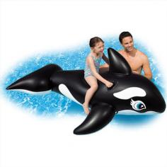 The Whale Ride On is for ages 3 and up and measures 76 x 47 inches. Made of durable vinyl with dual air chambers. It has 2 heavy duty grab handles and comes with a repair patch.