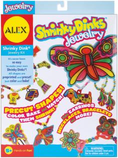 ALEX TOYS-Shrinky Dinks Kit: Jewelry. This is the perfect kit for the up-and-coming jewelry designer! Includes over forty pre-cut shapes; eight colored pencils; beads; earring hoops; barrettes; string; clasps; adhesive dots and instructions. Shapes are pre printed and require no tracing or cutting. Contents may vary. Conforms to ASTM D4236. Recommended for ages 5 and up. WARNING: Choking Hazard: not for children under 3. Imported.