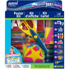 ARTSKILLS-Poster Making Kit. This set has everything you need to decorate a well decorated and great looking poster! This package contains a total of 253 pieces: four washable dual ended markers, ten colored pencils, sixty paper stencils, three glitter shakers, 130 neon quick letters, forty neon eye catchers, one glue stick, four glitter glue tubs, one pair of edging scissors. Poster and posterboard is not included. WARNING: Choking Hazard. Small parts. Not for children under 3 years. Conforms to ASTM D 4236. Imported.