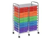 Chrome-plated steel frame and top shelf. 20 drawers with chrome-plated knob pulls. Red, orange, green, blue, and purple colored bins. 20 colorful polypropylene drawers for efficient storage. Includes swivel casters for easy rolling. Some assembly required. Multi-purpose organizer rolls effortlessly into narrow space. Dimensions: 15.4L x 24.75W x 38H in. About Early Childhood ResourcesEarly Childhood Resources is a wholesale manufacturer of early childhood and educational products. It is committed to developing and distributing only the highest-quality products, ensuring that these products represent the maximum value in the marketplace. Combining its responsibility to the community and its desire to be environmentally conscious, Early Childhood Resources has eliminated almost all of its cardboard waste by implementing commercial Cardboard Shredding equipment in its facilities. You can be assured of maximum value with Early Childhood Resources. Children accumulate small things: LEGOs, paints, crayons, and craft items. Keep all your family's or classroom's small objects sorted with this great rainbow-colored ECR4KIDS twenty-drawer organizer. The removable polypropylene drawers with chrome-plated knobs come in five vivid colors and slide into an open-rack rolling chrome cart frame. Swivel casters make it simple to move your drawers from room to room or to store them in a small space until you need them. The wide chrome shelf on top adds even more storage space.