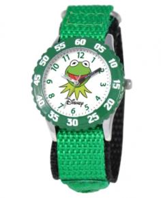 Kermit is ready to teach your little one how to tell time on this fun Disney watch. Numbered minute markers on the bezel and labeled "hour" and "minute" hands make telling time as simple as can be. Plus, the green self-adhesive strap makes putting it on his wrist a snap. Brand: Disney Dial Color: Character print Strap: Green nylon Clasp: Hook-and-loop Movement: Quartz Water Resistance: 30m Case Width: 32mm Case Thickness: 9mm Bracelet Dimensions: 7" long, 16mm wide Model No.: W000159 Special Features: 3 ATM water resistance Jewelry photos are enlarged to show detail.