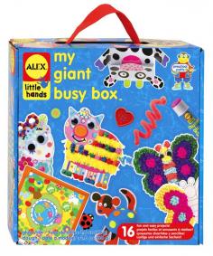 My Giant Busy Box features 16 great projects in one giant box of fun! Make dough animals, collage a farm and sticker art. Create paper bag puppets and tissue art pictures. Includes 2 plastic frames, 4 animal punch outs, 10 colors of dough, 2 peel and stick tissue art pictures, tons of tissue paper, glue, easy instructions. Comes in a 12 x 12 x 4 box with a woven handle. From its beginnings in 1986 with the creation of a plastic lunch box filled with arts & crafts supplies, ALEX has grown into the preeminent manufacturer of children's creative products having designed and produced over 1,000 items in expanded categories of toys: imaginative and dramatic play, fashion and jewelry, whimsical children's furniture, Rub A Dub, Tub Tunes, and Tub Joy bath toys, ALEX Little Hands preschool products and ALEX Jr, a line of luxurious plush and bath products for baby.