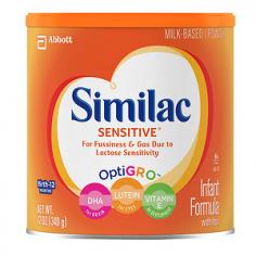 1 Can = 12.6 oz; infant formula. Fussy baby? Solve the problem with Similac. Complete nutrition for Your Baby's First Year. Similac has EarlyShield. In addition to having DHA/ARA, we're the only formula that has Lutein, an important nutrient babies can only get from breast milk or Similac. It's especially helpful now, during critical brain and eye development. Similac includes immune-supporting nucleotides and prebiotics for digestive health, in addition to exclusive palm olein, an oil-free fat blend that supports excellent calcium absorption. Most babies are fussy and gassy at times. But if it seems your baby has more frequent fussiness and gas%, it could be a sign that he may need another baby formula. You can trust Similac Sensitive to provide a strong start for your baby's developing digestive system. It's easy to digest, specially made with a unique blend of carbohydrates for less fussiness and gas, milk-based, and kosher. * Excluding inherent sources * Prior to the introduction of solid foods % Due to lactose sensitivity. Not intended for use in infants or children with galactosemia.
