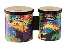 The Remo Kids bongos are an important part of the Afro-Cuban family of rhythm instruments. Two drums small and large are attached and are pitched high and low. Remo Kids Bongo Drums are made using the same Acousticon shell material and Fiberskyn 3 drumheads as are used in many of Remoâ&euro; s World Percussion drums, and have received the prestigious Oppenheim Best Toy Award for product quality. Remo Kids Percussion Children love to make music, and, since rhythm is the foundation of all music making, the Remo Kids Percussion Collection gives children an exciting way to make music with their own instruments. Not only is playing music fun, research has found that music participation can have a beneficial and long lasting impact on a childâ&euro; s self-discipline and self-confidence. Remo Kids Percussion is a positive, healthy introduction to music and rhythm - the perfect way for children and their parents to discover just how rewarding making music can be. Bongos are an important part of the Afro-Cuban family of rhythm instruments. Normally held between the player's knees and played with the fingertips, the bongos have a high pitched sound that can be clearly heard over the other instruments. Like many drums and percussion instruments from around the world, the sound of the bongo is different when played at the edge of the head and the middle of the head. Bongo players combine these sounds and rhythms between the high and low bongo drums to create patterns that other players and listeners can easily recognize.