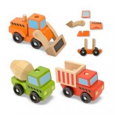 Always prepared for a hard day s work! These three chunky, wooden construction vehicles, packaged as a set, include a bulldozer, a dump truck and a cement mixer. Each vehicle has a free-wheeling base and is constructed of solid wood stacking parts. The fun is endless, as they can be taken apart and rebuilt again and again! For ages 3 and up. Dimensions: 17.75" L x 4.35" W x 3.05" H Weight: 1.7 lbs.