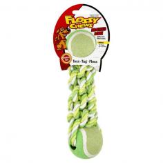 Mammoth Pet Flossy Chews Braided Rope Bone with Balls Dog ToyOur Mammoth Pet Flossy Chews Braided Rope Bone with Balls Dog Toy is 3 toys in 1. It's a chew, toss and fetch, and tug toy all in one. This hand-made toy pairs a premium U.S. quality braided cotton rope bone with two tennis balls. Chewing on the rope helps clean your dog's teeth of plaque and tartar, maintaining good dental hygiene. This dog toy is the perfect size for toss and fetch as well as tugging games which encourage exercise and promotes that special bond you share with your furry friend.