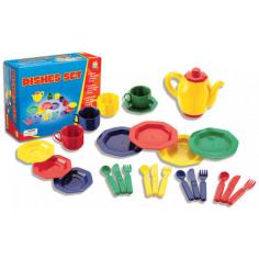 Made of sturdy plastic for durability. Encourages children to share, practice table manners. Develops vocabulary through imaginative play. Colorful pieces for dramatic play. Includes plates, saucers, cups, utensils and teapot. Suitable for 4 to 7 years of age. Dimensions: 3.9L x 7.8W x 9.9H in. About Educational Insights Based in Southern California, Educational Insights specializes in the manufacturing and innovation of educational toys and games. Early childhood, math, language, Spanish, science, and social studies are all subjects they tackle in fun and inspiring ways. Teacher resources, classroom products, and games like Jeopardy are all a part of Educational Insights rich inventory designed by experienced educators and parents because they know best! Make learning fun with Educational Insights. Let your children invite you to a pretend dinner with this kids' dishes set designed by Educational Insights. Constructed from sturdy plastic, this set will resist daily wear and tear without breaking. This colorful set includes several pieces such as plates, cups, saucers, three types of utensils, and a teapot that will stimulate your kids' imagination and arouse curiosity. Perfect for children between 4 and 7 years of age, this set will help them develop their vocabulary and practice table manners through imaginative play.