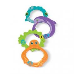 Four colorful characters make these pool rings worth the search! Drop them in the pool and gather them up, or check out our exciting game ideas for a fresh take on a classic swimming activity!"Maritime Mates" water toys and pool games feature cheerful characters to encourage beginning swimmers and lots of exciting games to keep big kids splashing, swimming and having a blast. Summer is even more fun with Sunny Patch pool toys! Largest ring: 6" x 5.5" x .5" Extension Activities: More Ways to Play and Learn: Make any of these activities into a contest by timing each player as he/she completes the task. Whoever finishes the challenge fastest is the winner! See how many rings you can collect in one try. Can you retrieve all four? Put one ring on each ankle and each wrist, and tread water. How long can you keep all four rings on your body? Try to pick up all four rings from the bottom of the pool in numerical order and place them on your arm in that order. Drop one ring to the bottom of the pool, then try to drop the other rings so they hit the ring that is on the bottom. With your eyes closed, see if you can identify each dive ring solely by touch. King vs. King: See who can swim the farthest with a ring on top of his/her head! Stack as many rings as possible on top of your head and walk through the water as far as you can. Dimensions: 16" x 8" x 1" Packaged Recommended Ages: 5+ years Adult supervision required. Item #6655