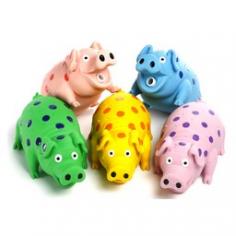 Stuffed latex pigs that "honk" when squeezed. Available in an assortment of colors. Size approx: 8.5in length. PLEASE NOTE: Picture reflects the five assorted colors. The price is for ONE only Globlet Pig.